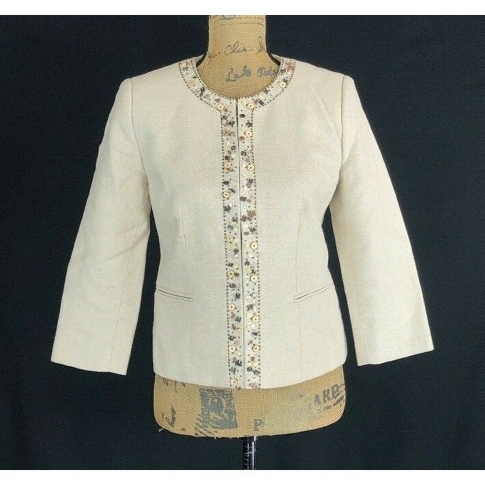 JM Collection Petite Beige Linen Cotton Beaded Trim Jacket Blazer‎ 4P